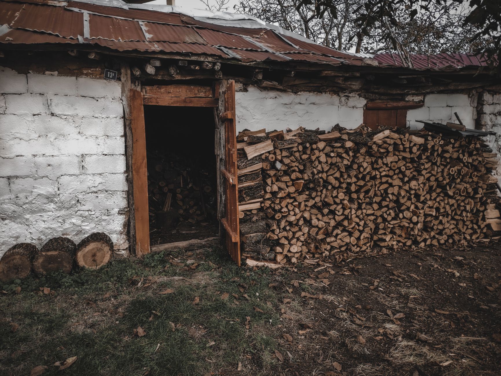 Firewood stacked beside an old shed