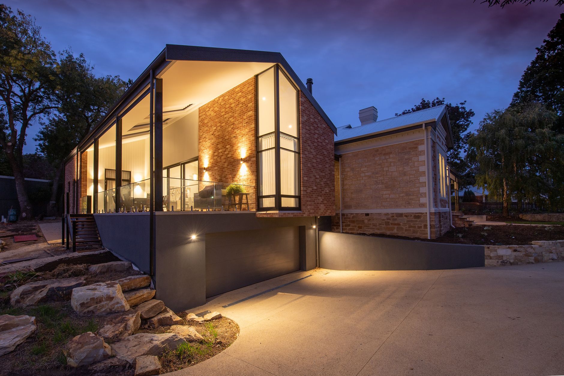 A residential driveway at night