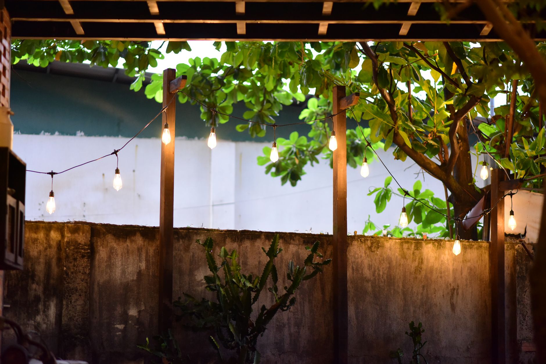 A backyard patio in the evening