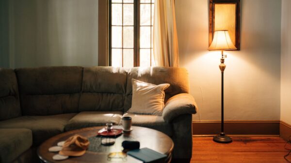 Best floor lamp guide: a tall lamp lighting a cozy living room