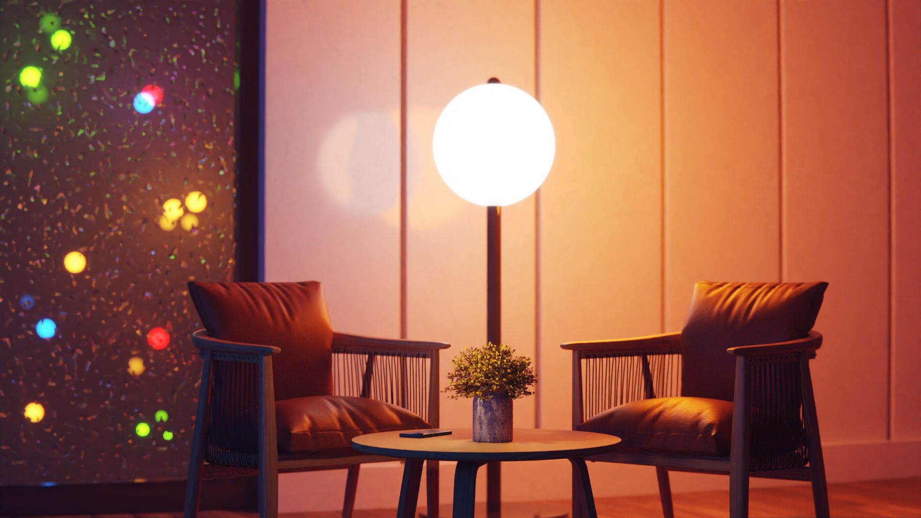 A room glowing with colored ambient light