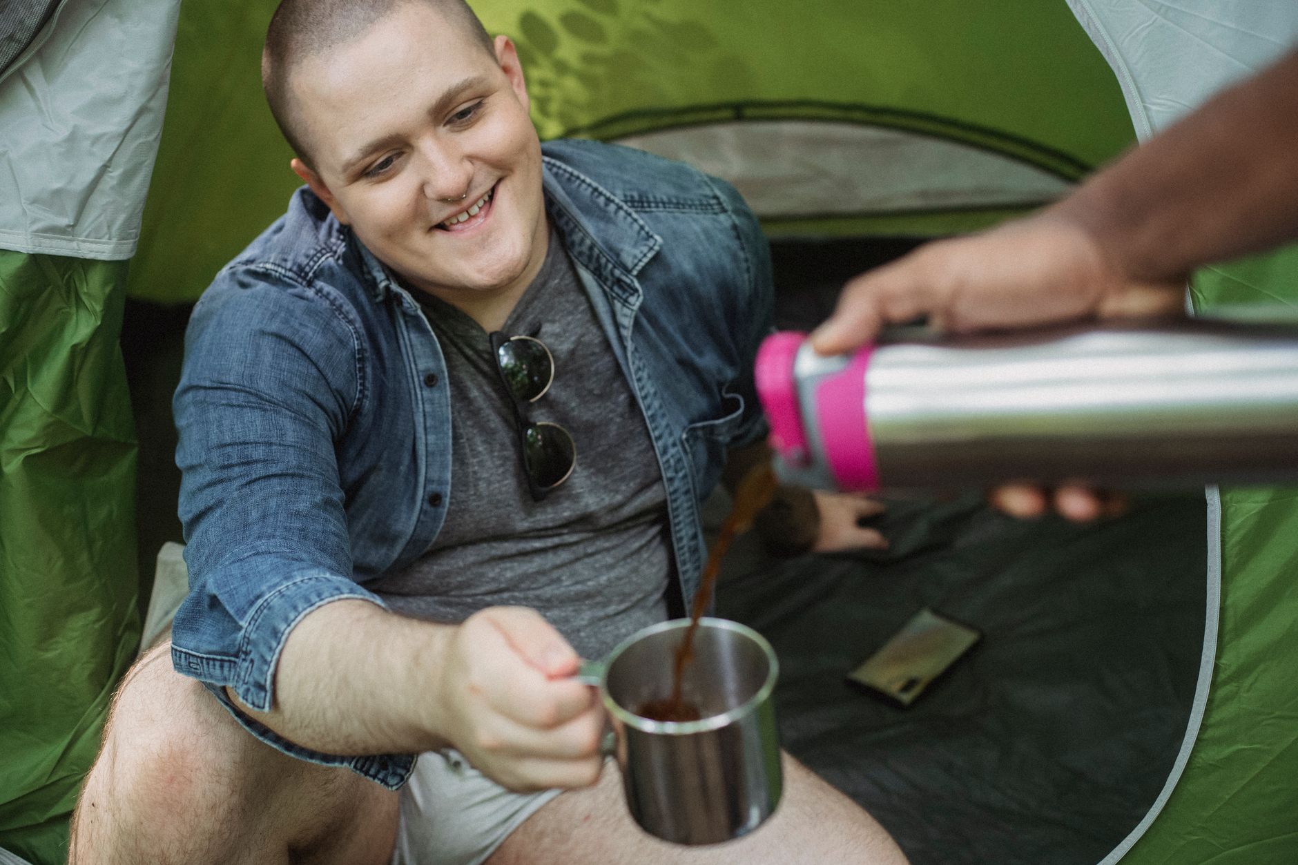 A morning cup of coffee at a campsite