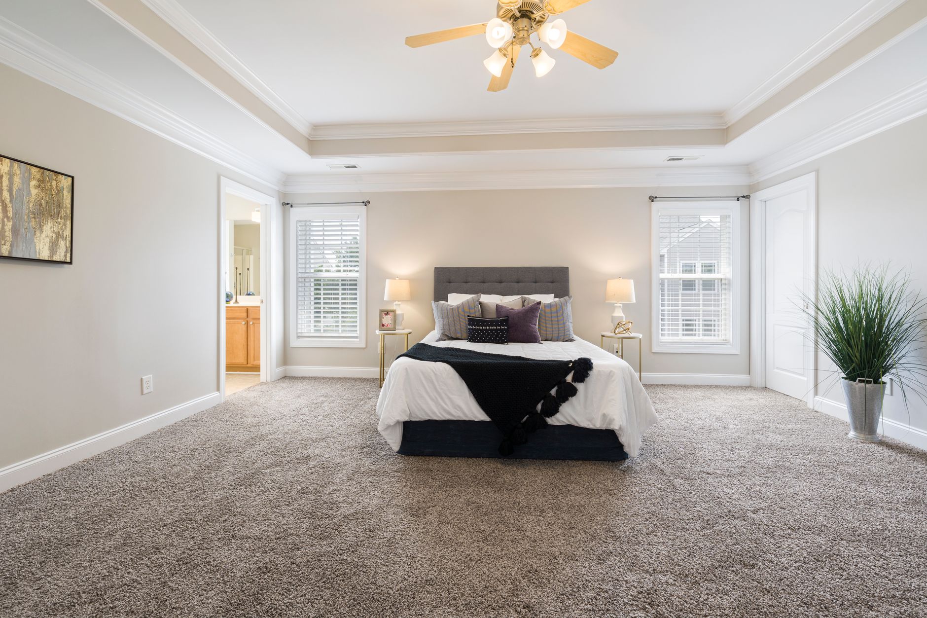 A carpeted bedroom with a ceiling fan
