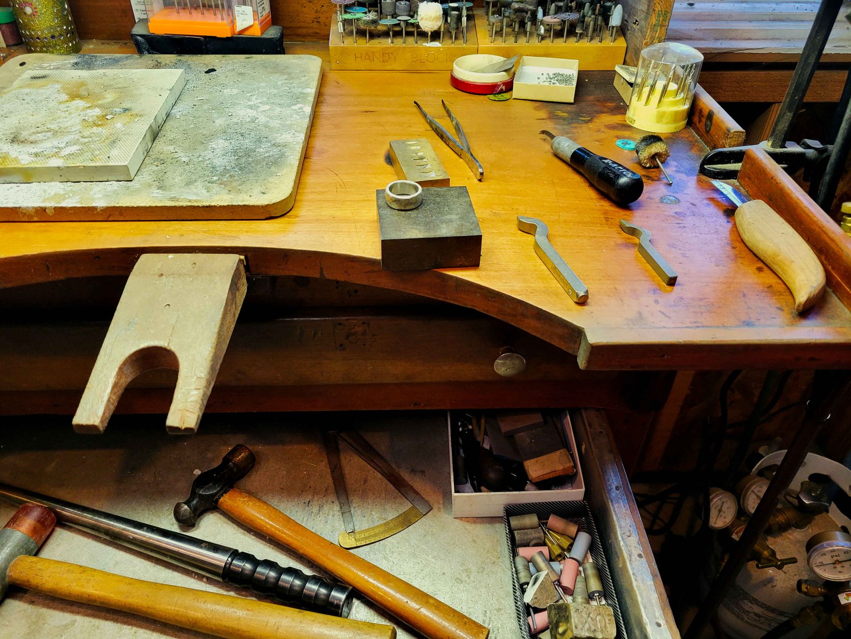A workbench with hand tools