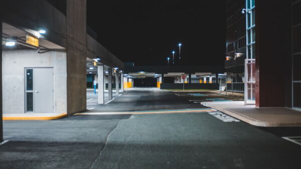 An empty parking garage at night
