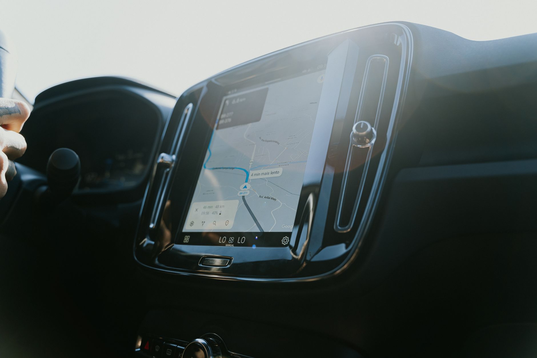 A navigation map on a car touchscreen