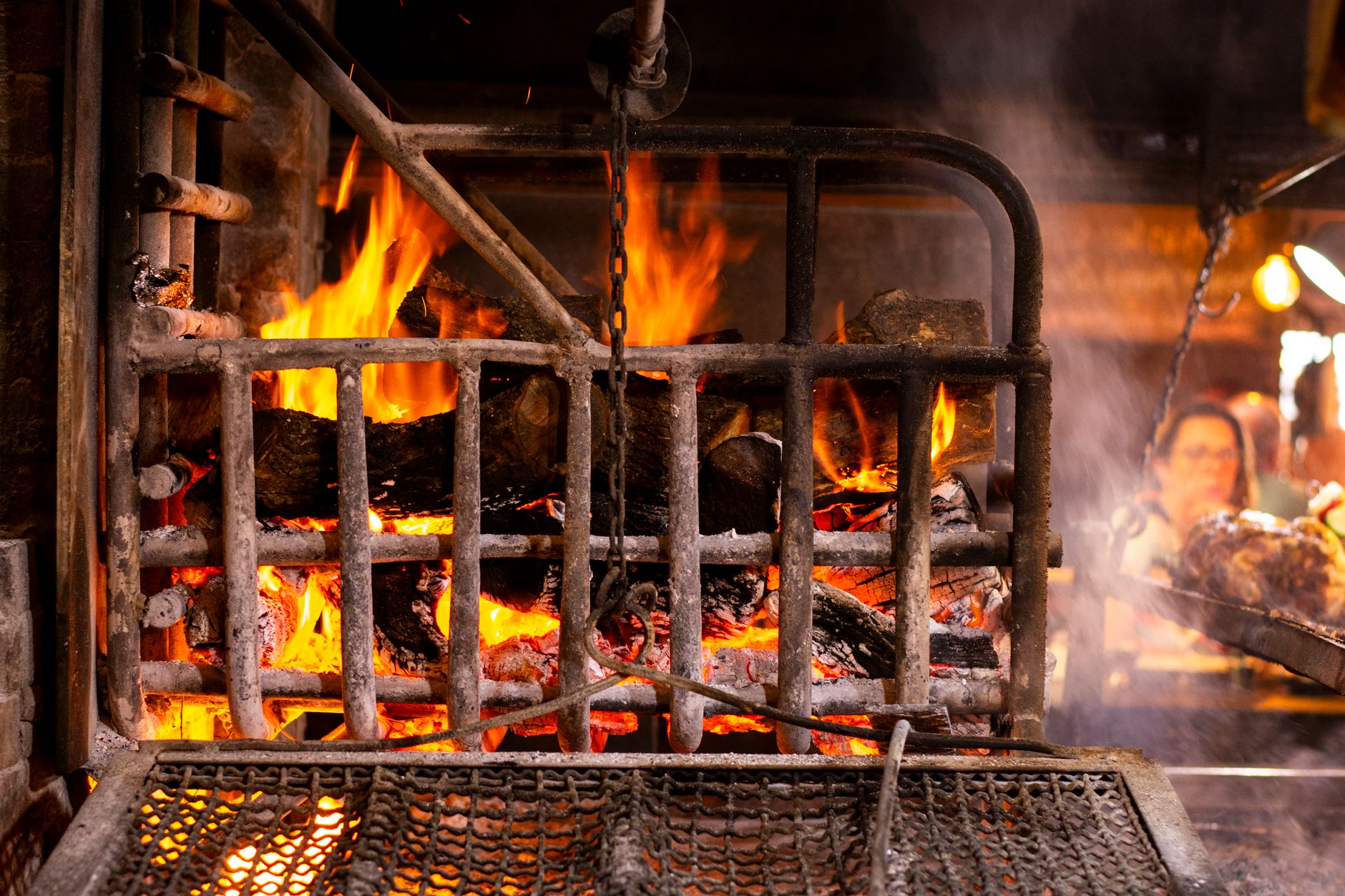 Flames in a wood-fired grill