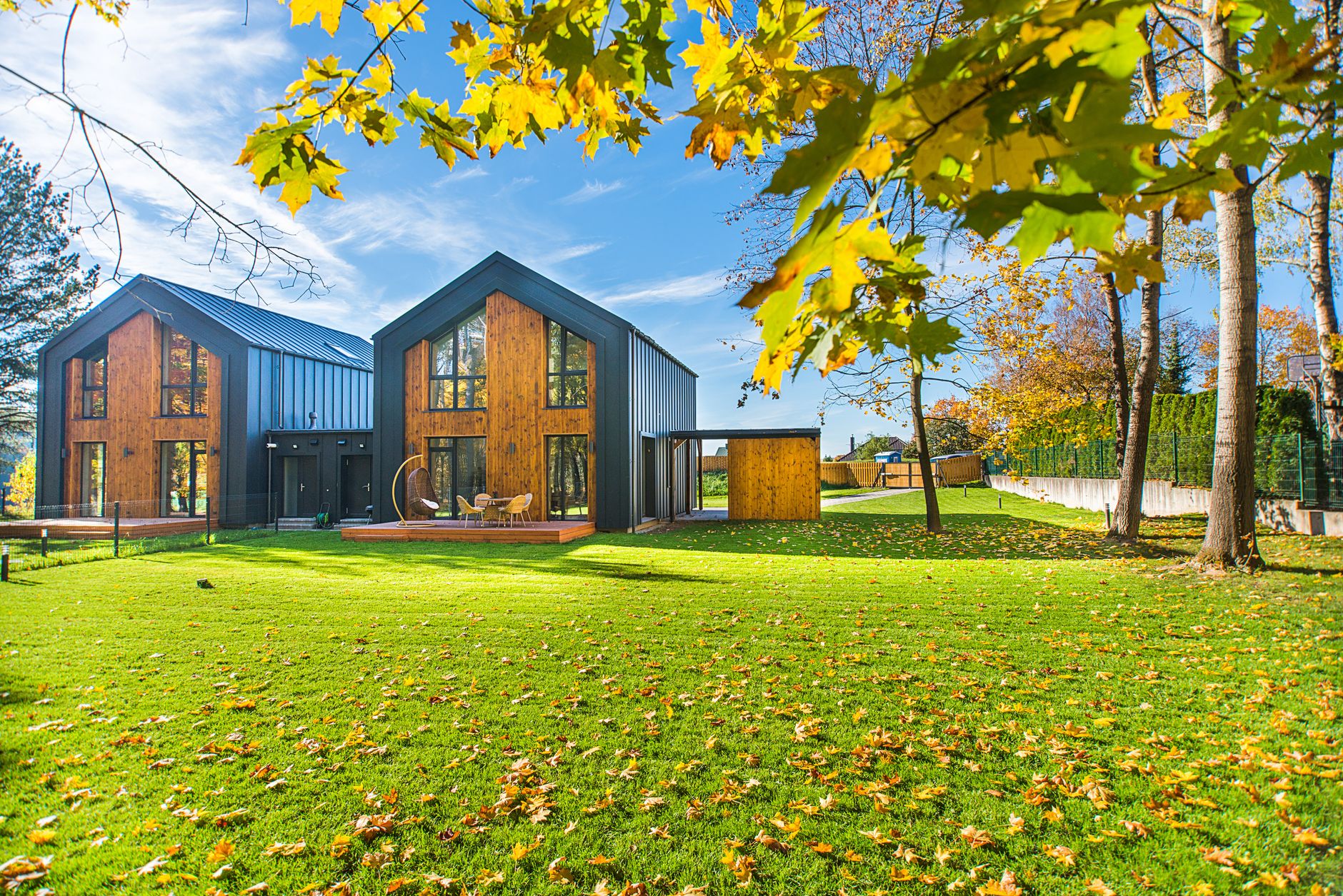Fallen leaves on the lawn of a modern house