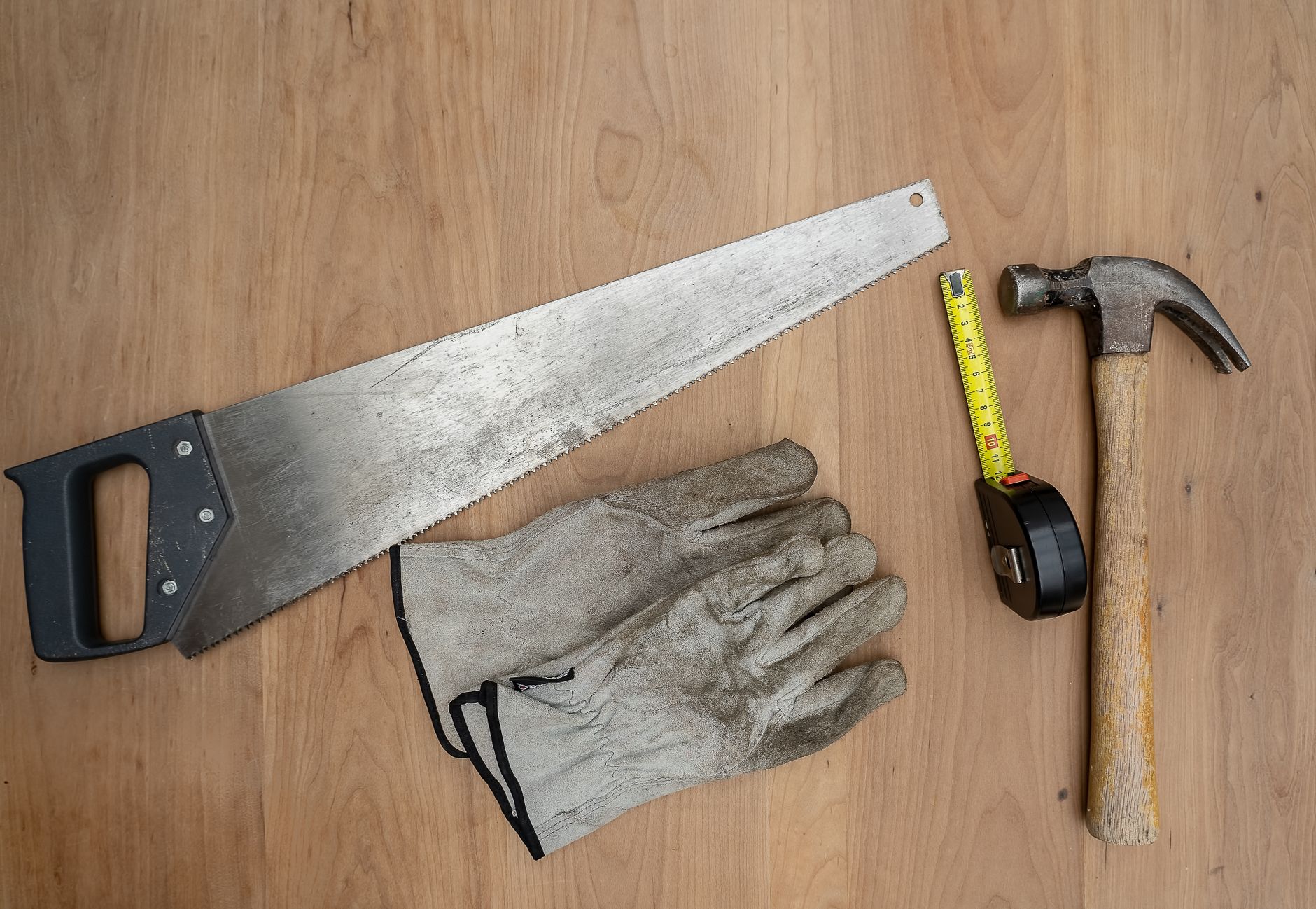 Carpentry hand tools on a work surface