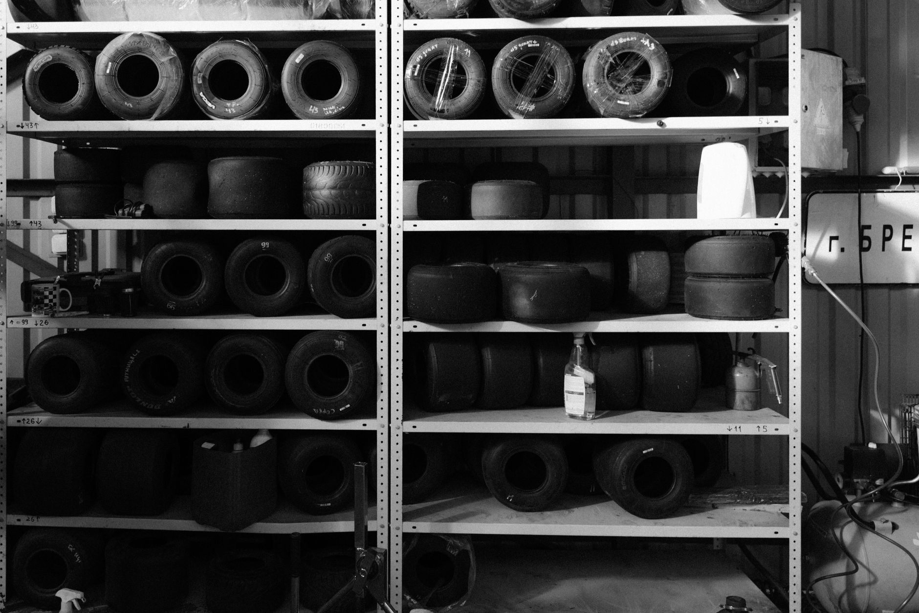 Tires stored on garage shelving