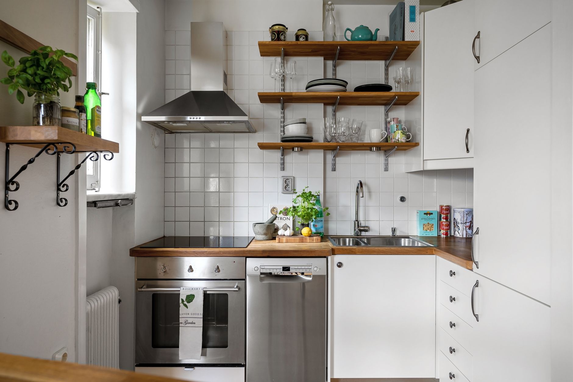 A compact apartment kitchen with limited floor space