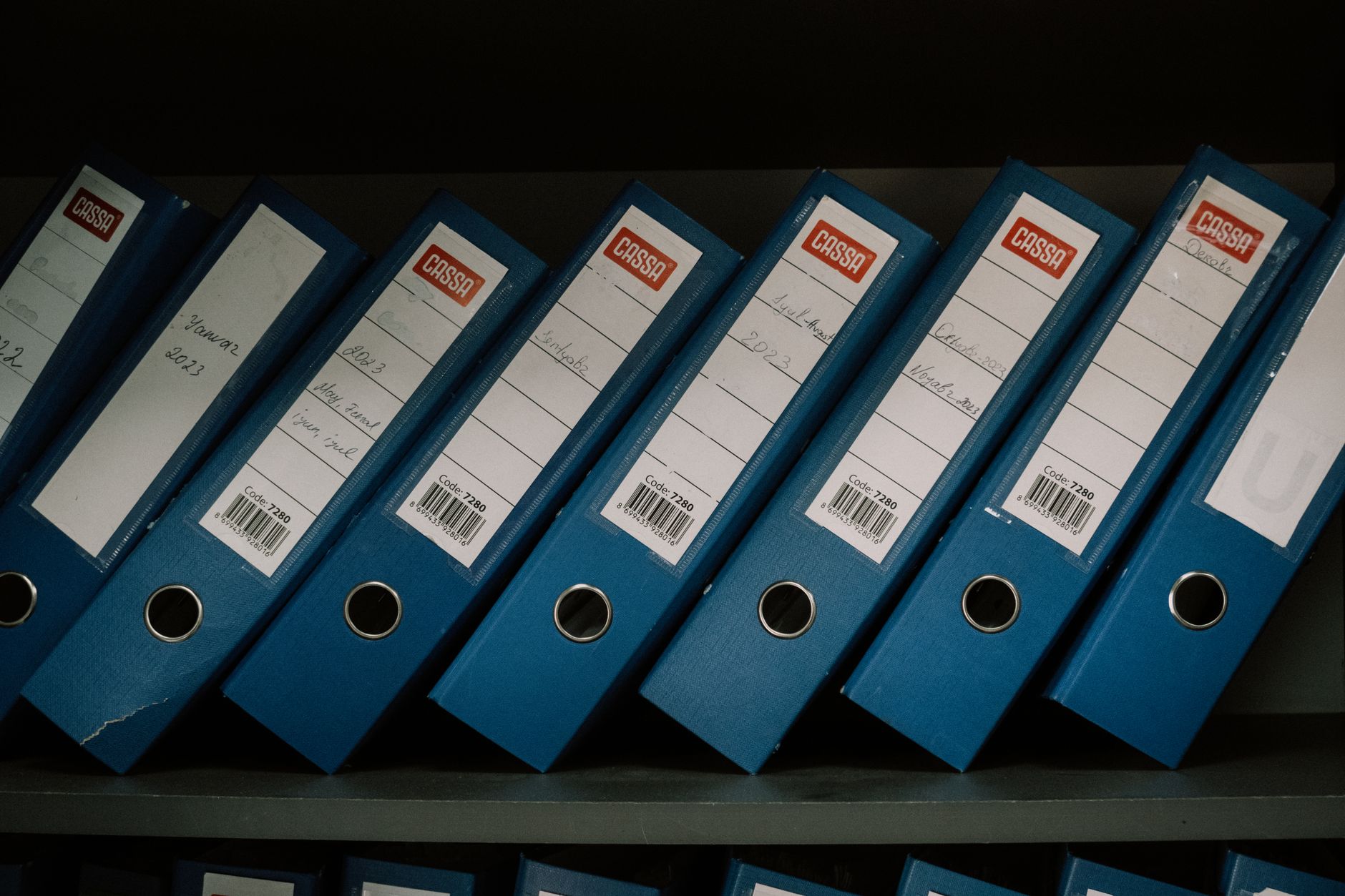 Blue binders on a shelf