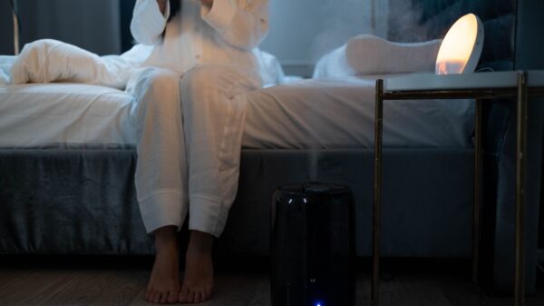 A humidifier on the floor beside a bed