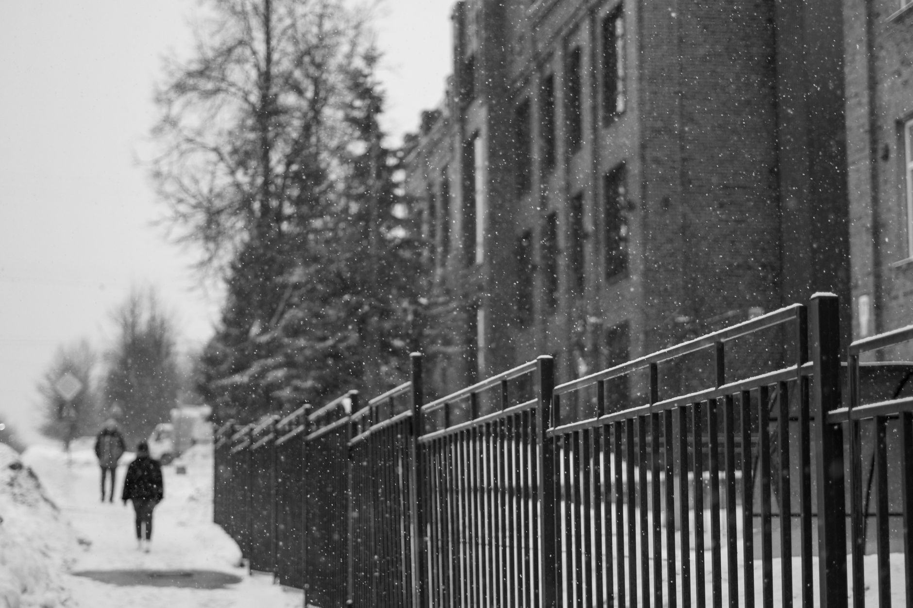 People walking on a snowy sidewalk by a fence
