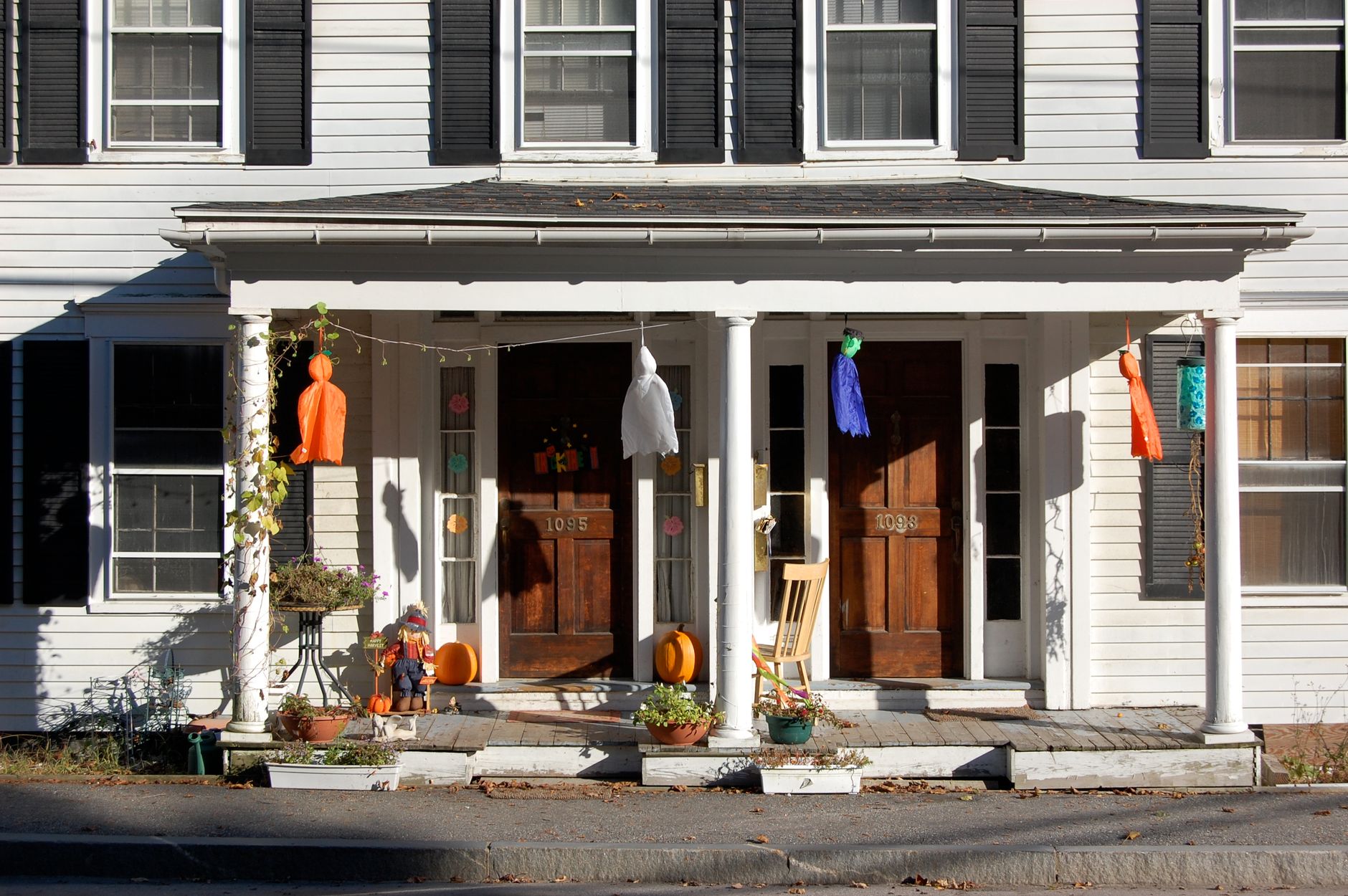 The front porch and entry doors of a house