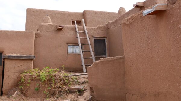 Best ladder stabilizer: a ladder leaning against an adobe wall