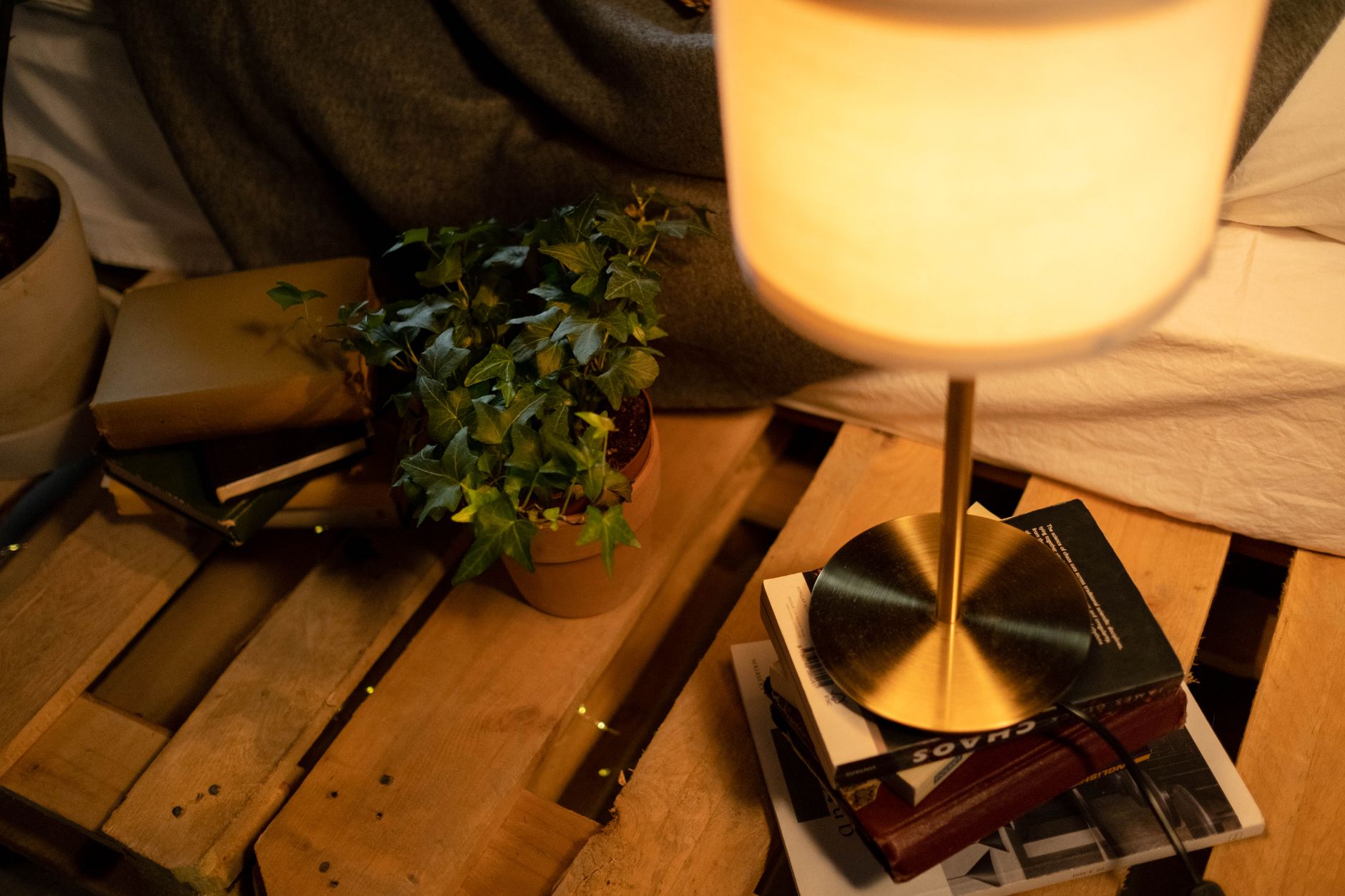 A cozy reading corner lit by a lamp