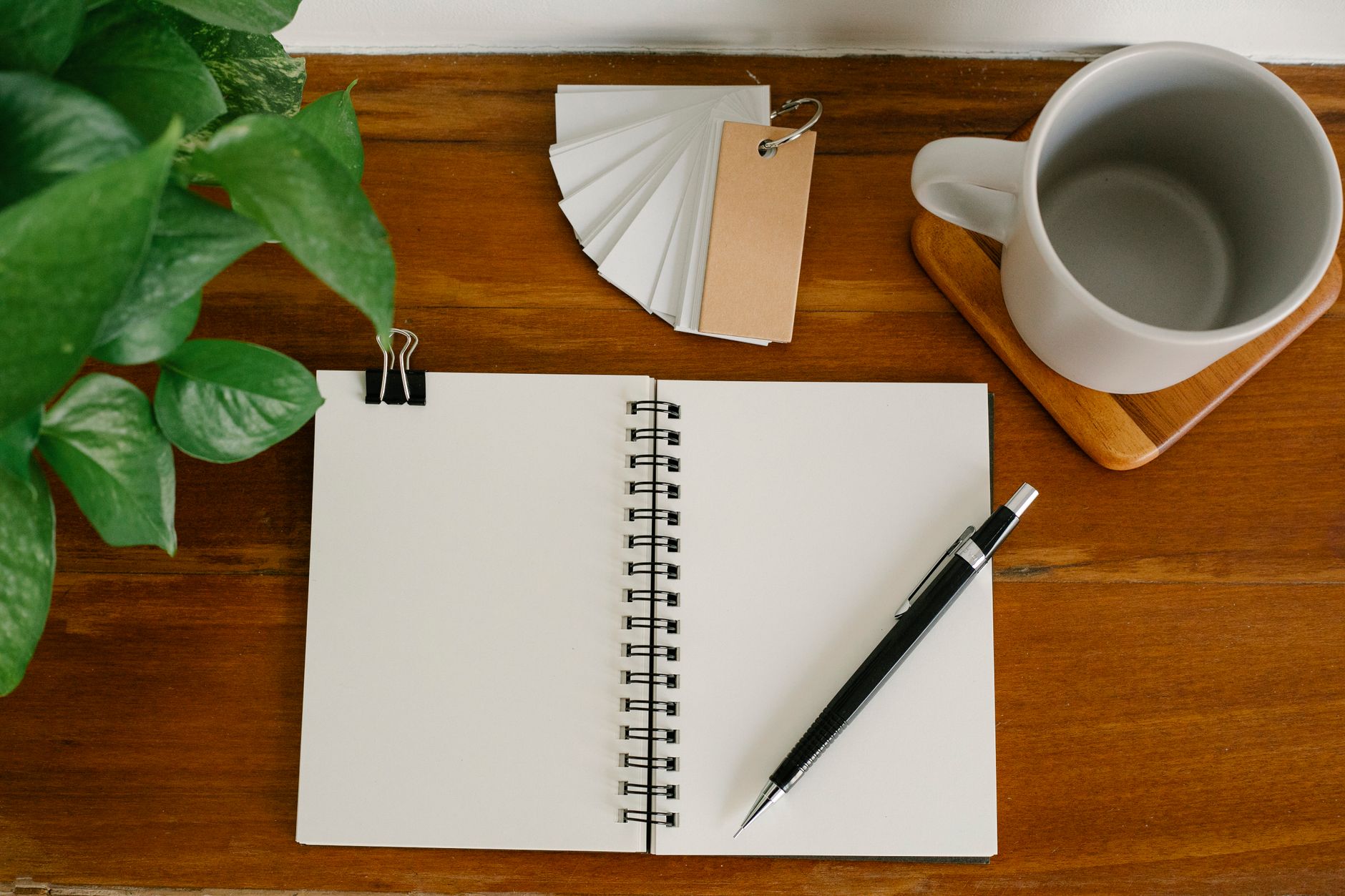 A desk with a plant and a notebook