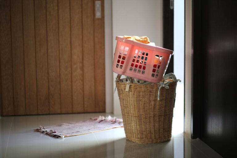 Best laundry hamper: a laundry basket in a bright laundry room