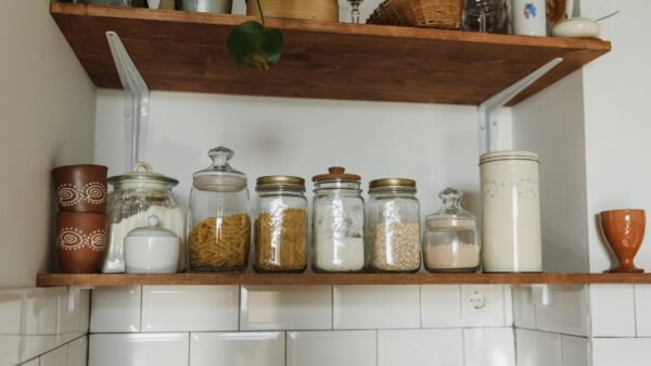 Best lazy susan: glass storage jars on open kitchen shelves