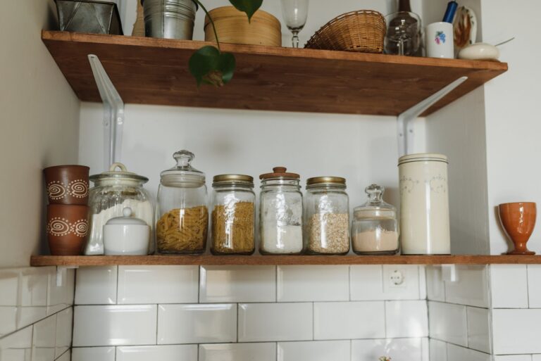 Best lazy susan: jars and pantry staples on kitchen shelves