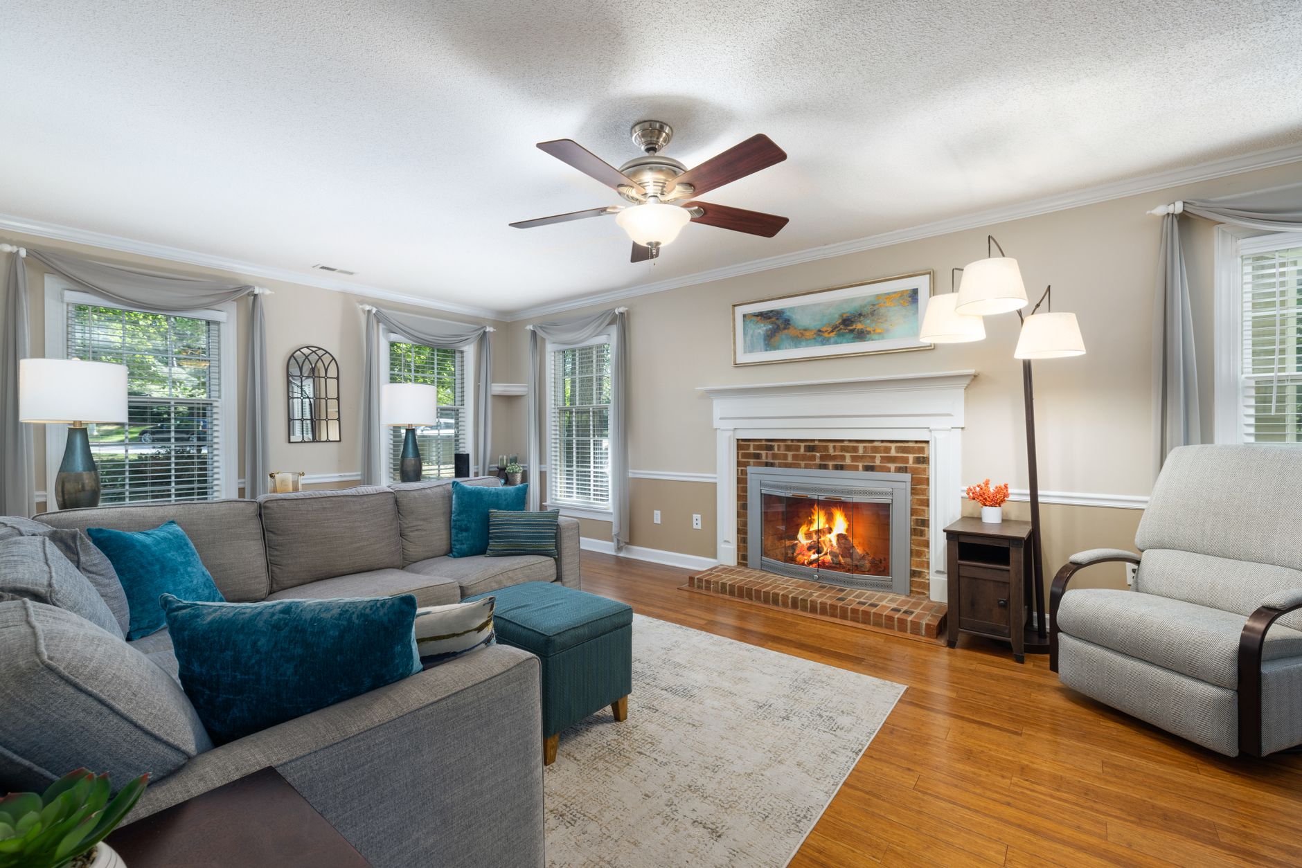 A living room with a fireplace