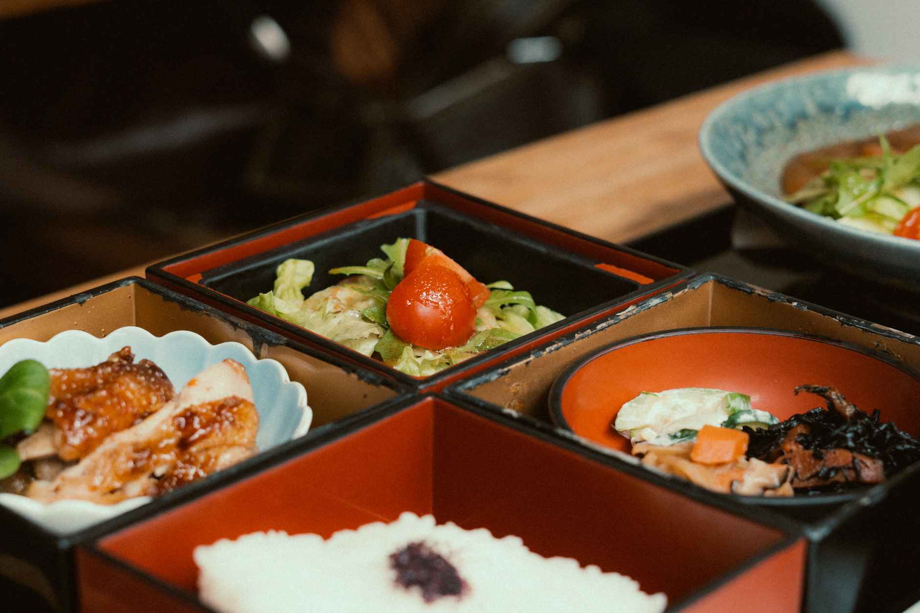 A divided box with rice and side dishes