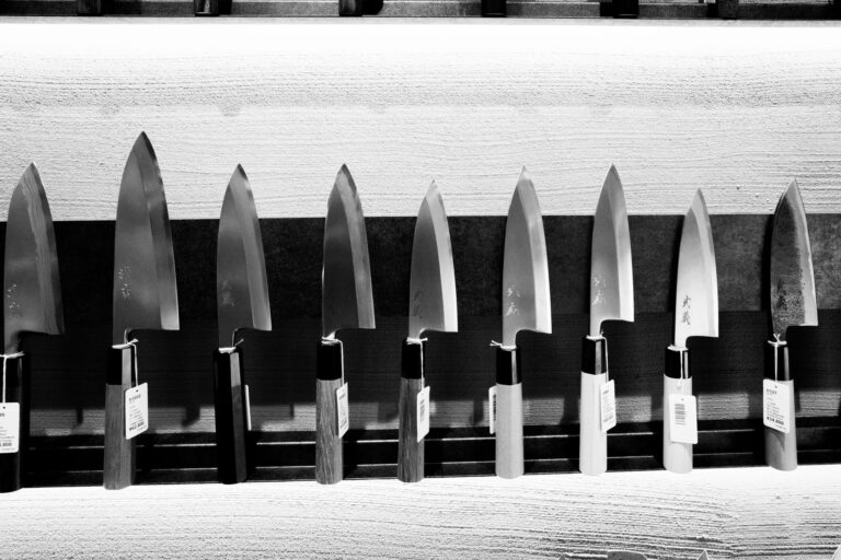 Best magnetic knife strip: a row of kitchen knives on display