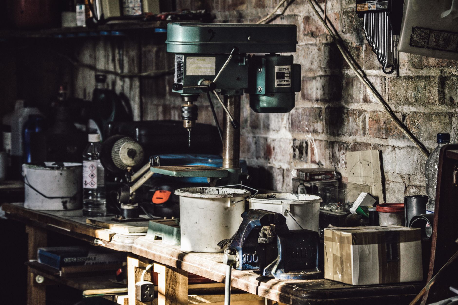 A tidy workbench in a home garage
