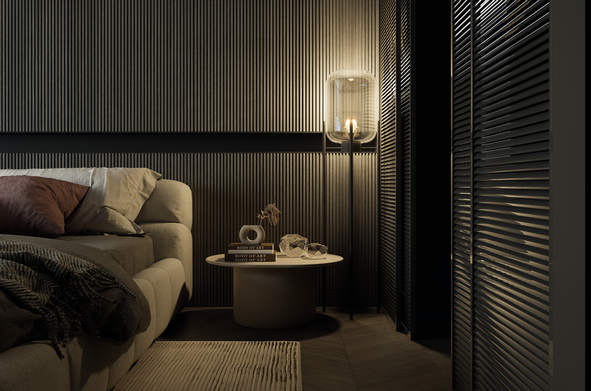 A dim living room with a lamp