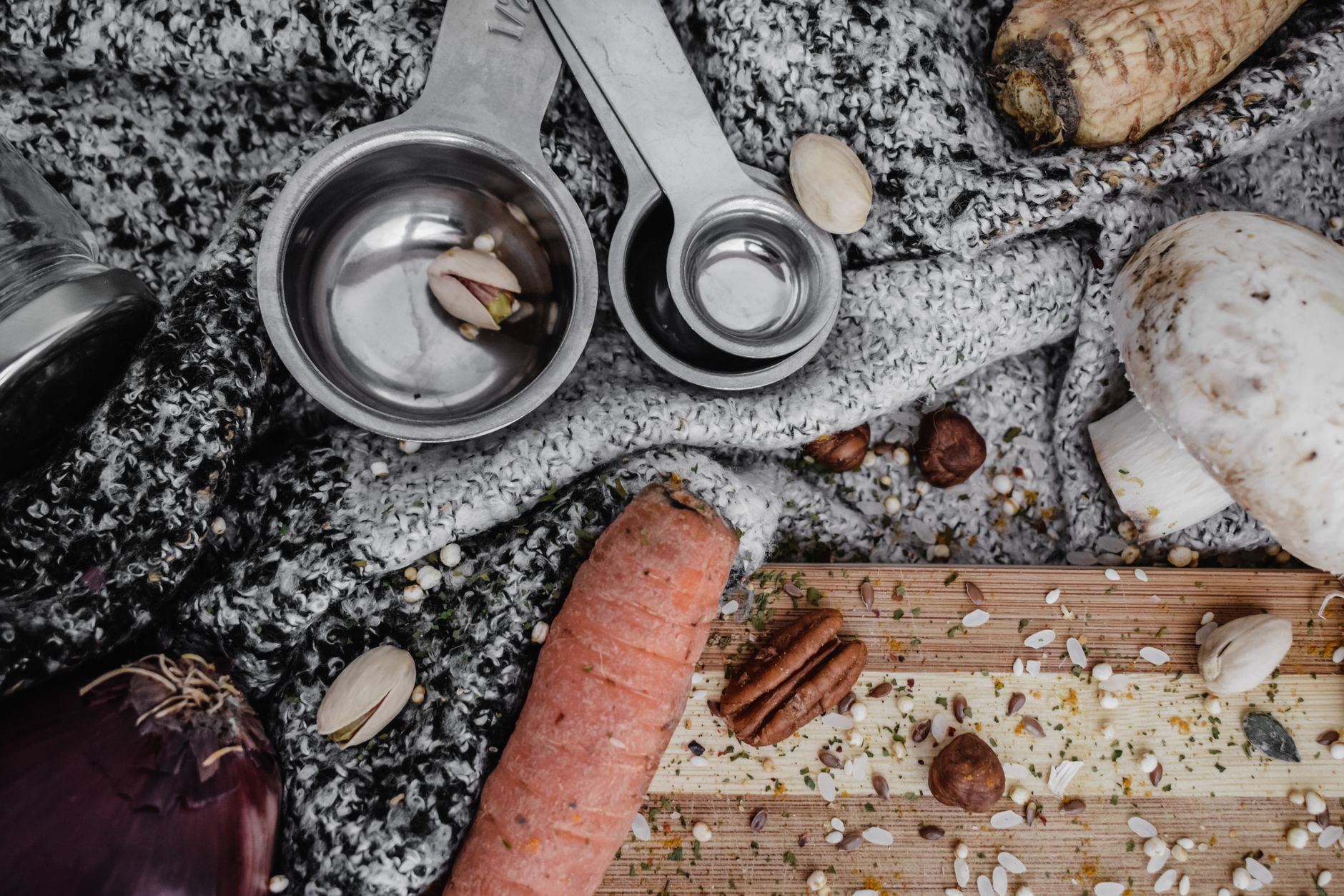 Measuring spoons with nuts and spices
