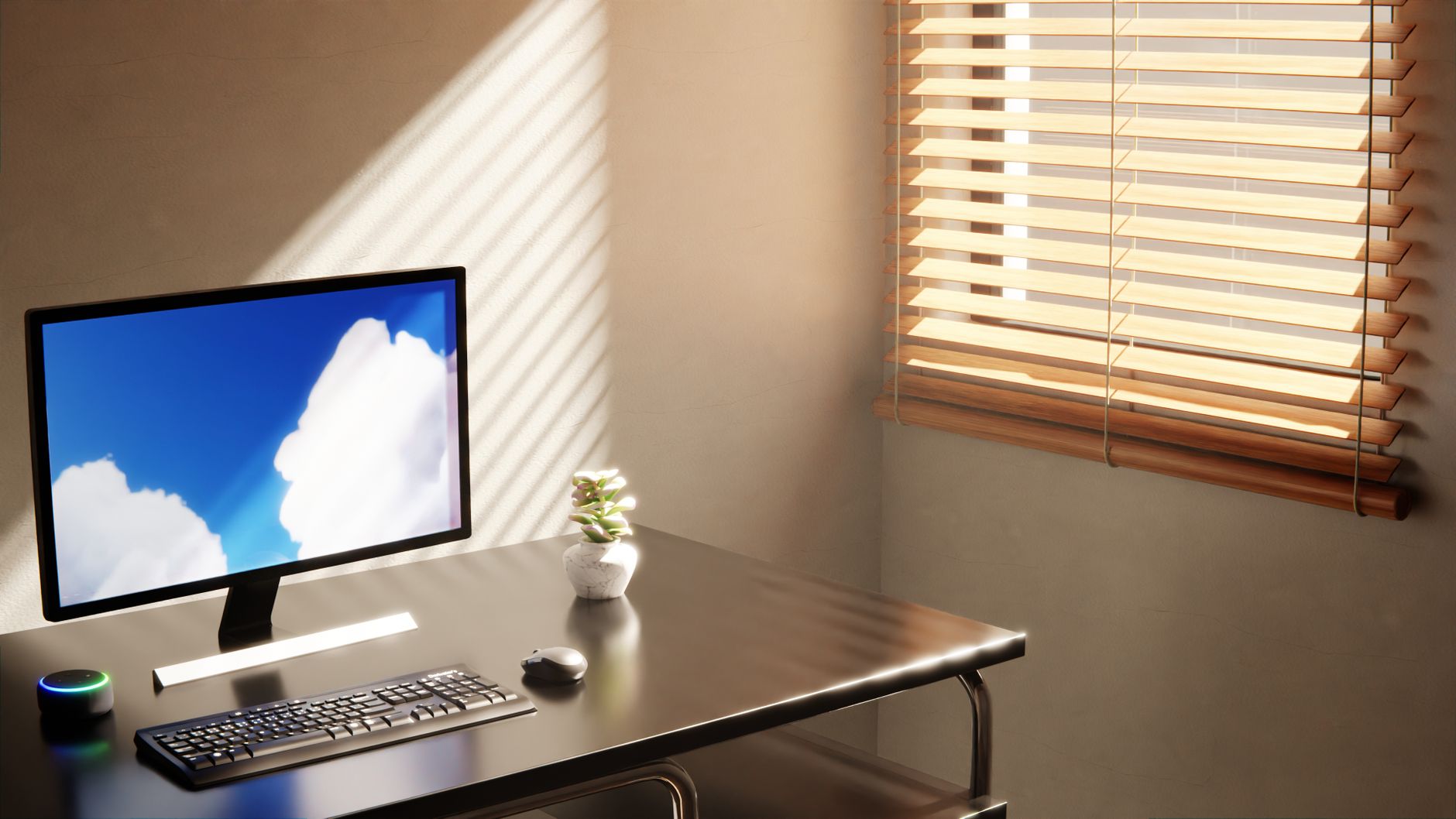 Best monitor stand: a monitor and keyboard on a desk by a window