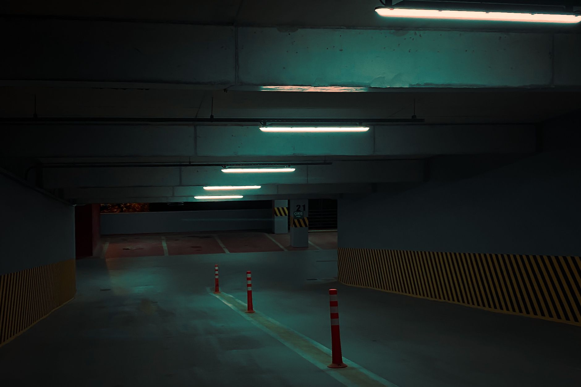 A dim parking garage