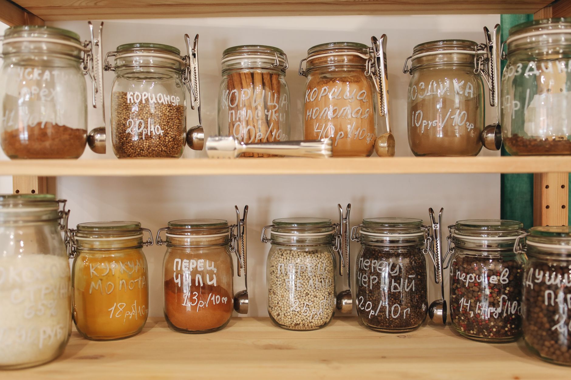 Pantry shelves with food stored in jars