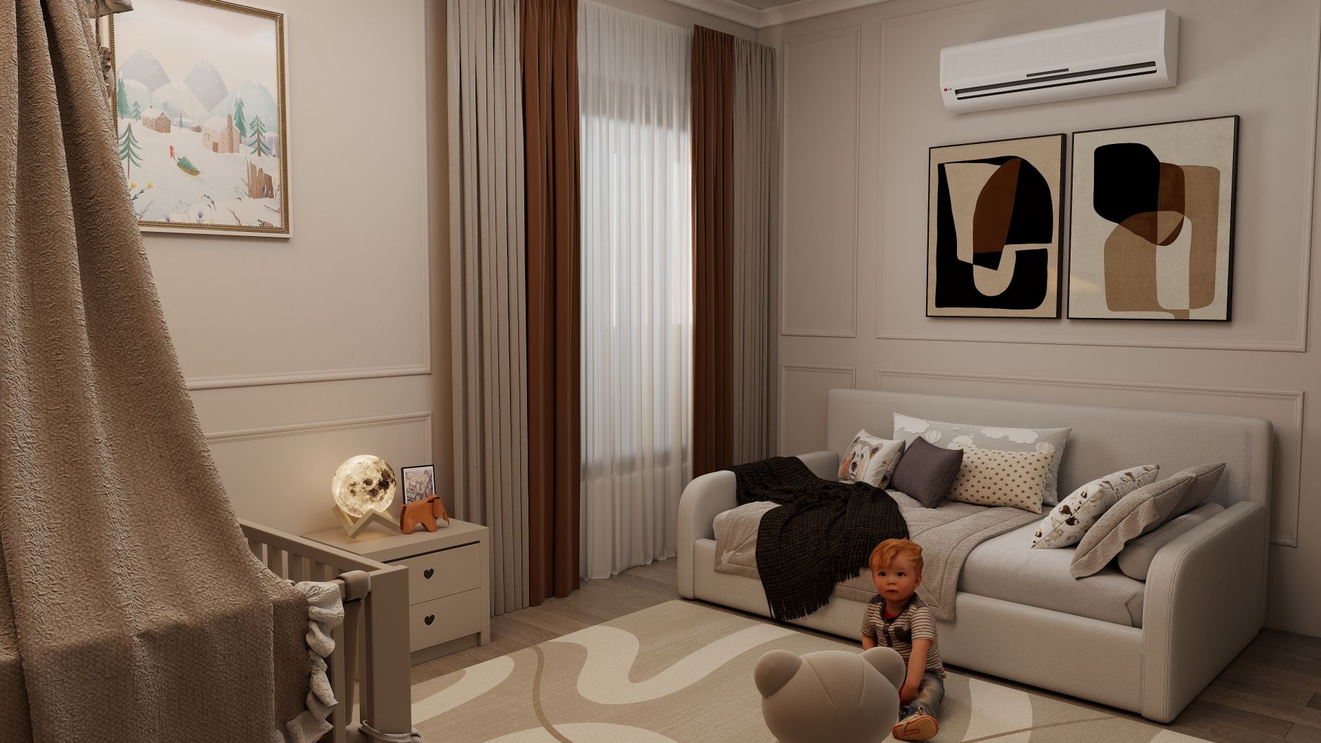A nursery with a crib and a toddler on a sofa