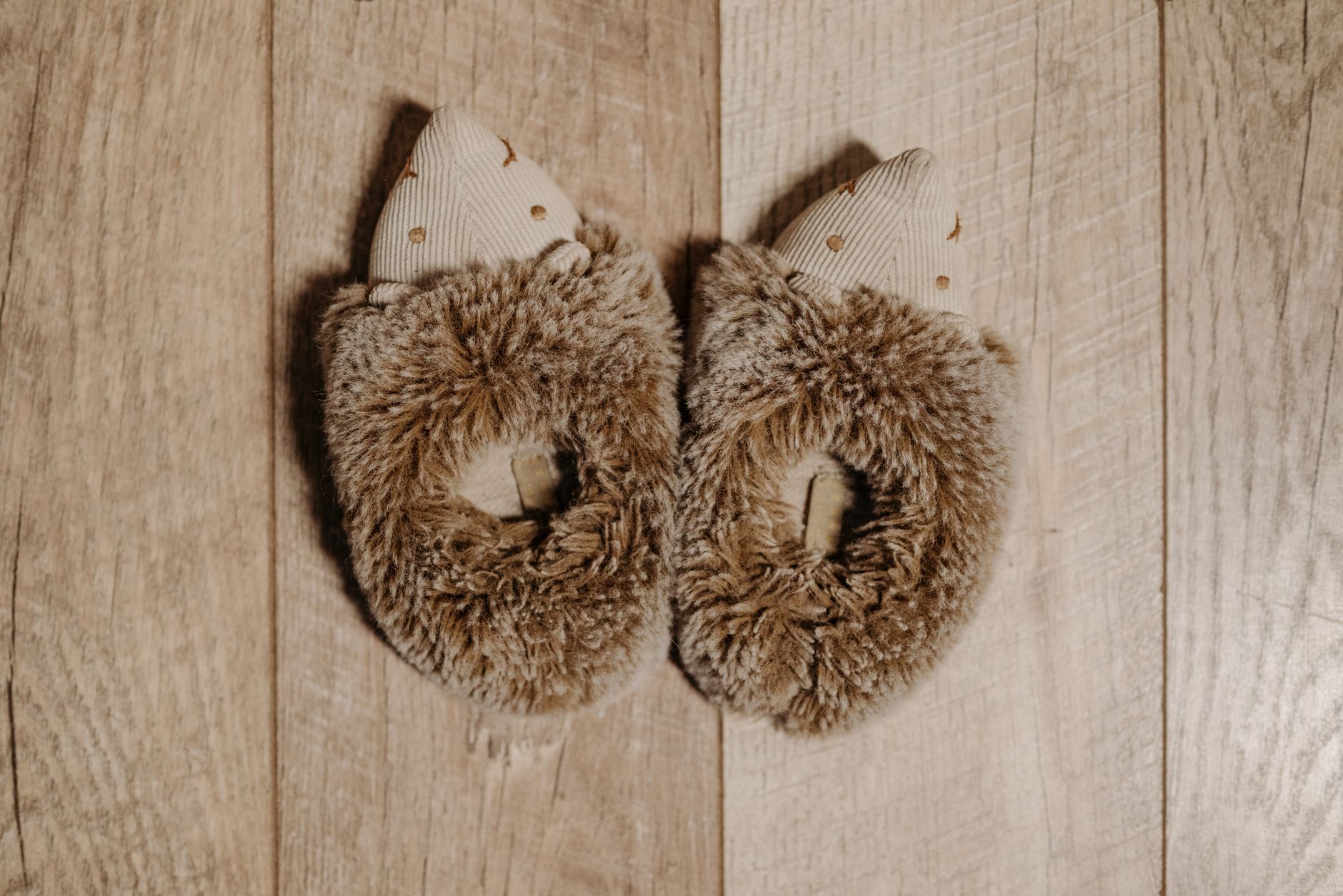 House slippers resting on a wooden floor
