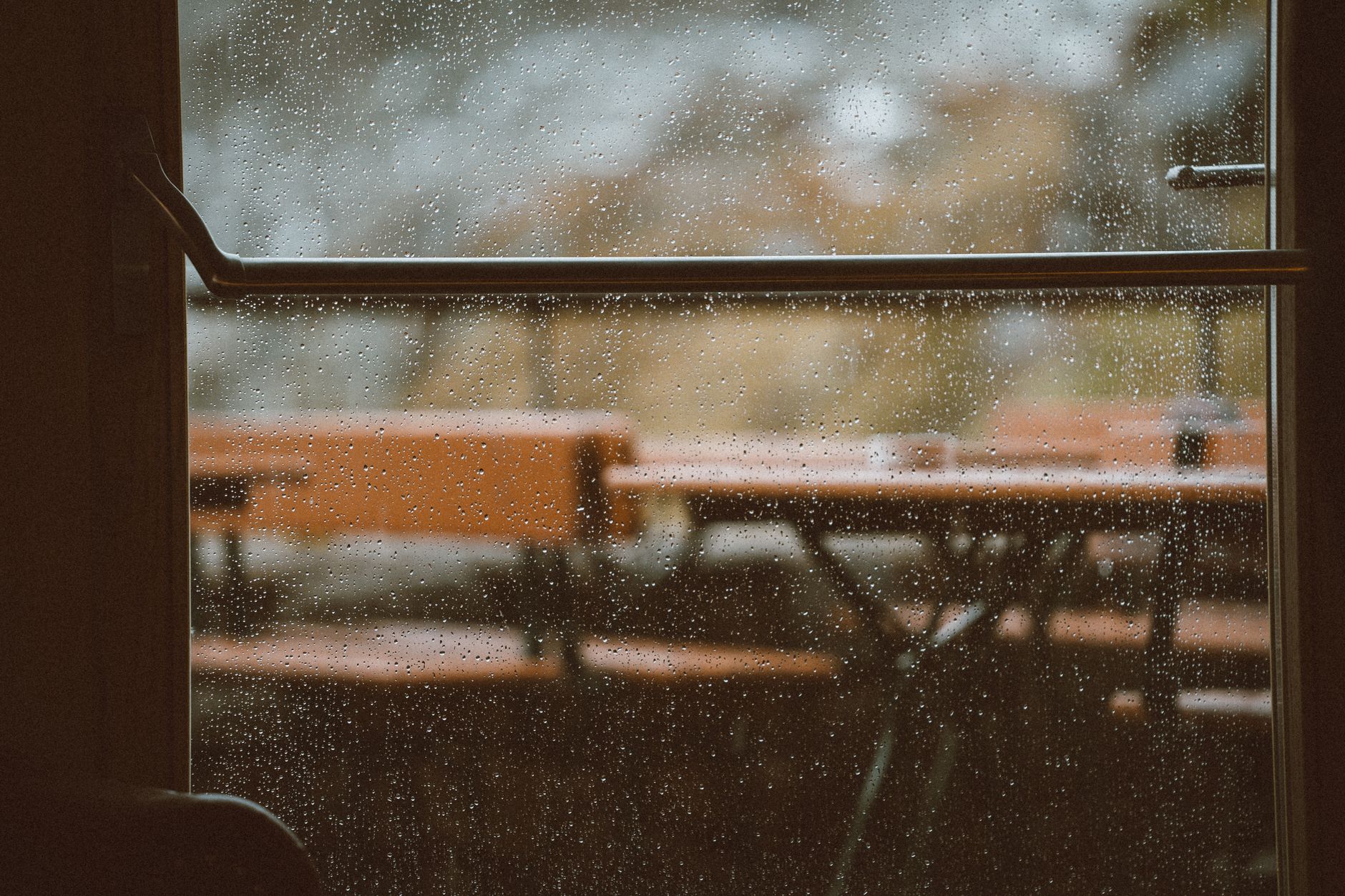 Rain falling on an outdoor patio