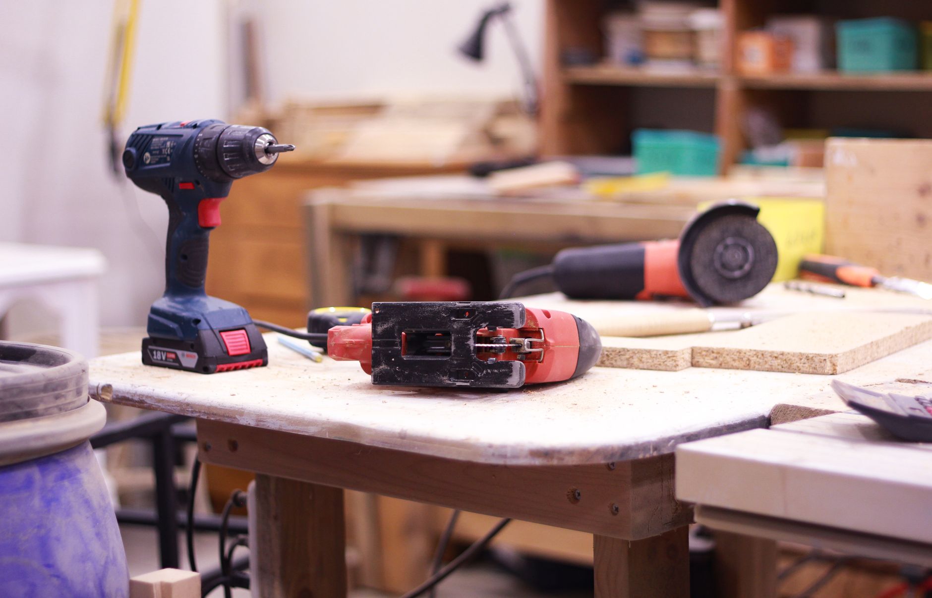 Power tools on a workbench
