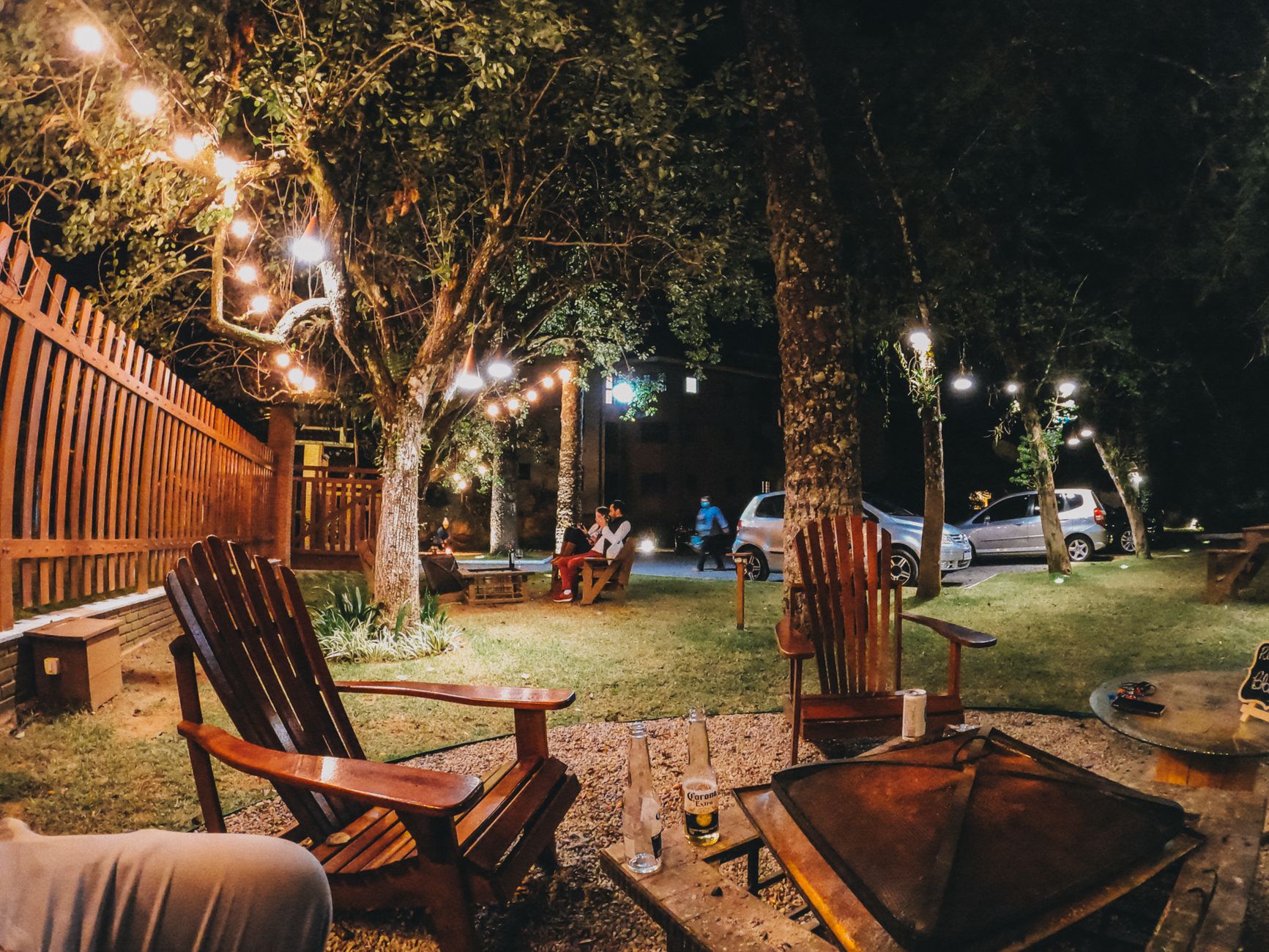 A backyard lawn in the evening