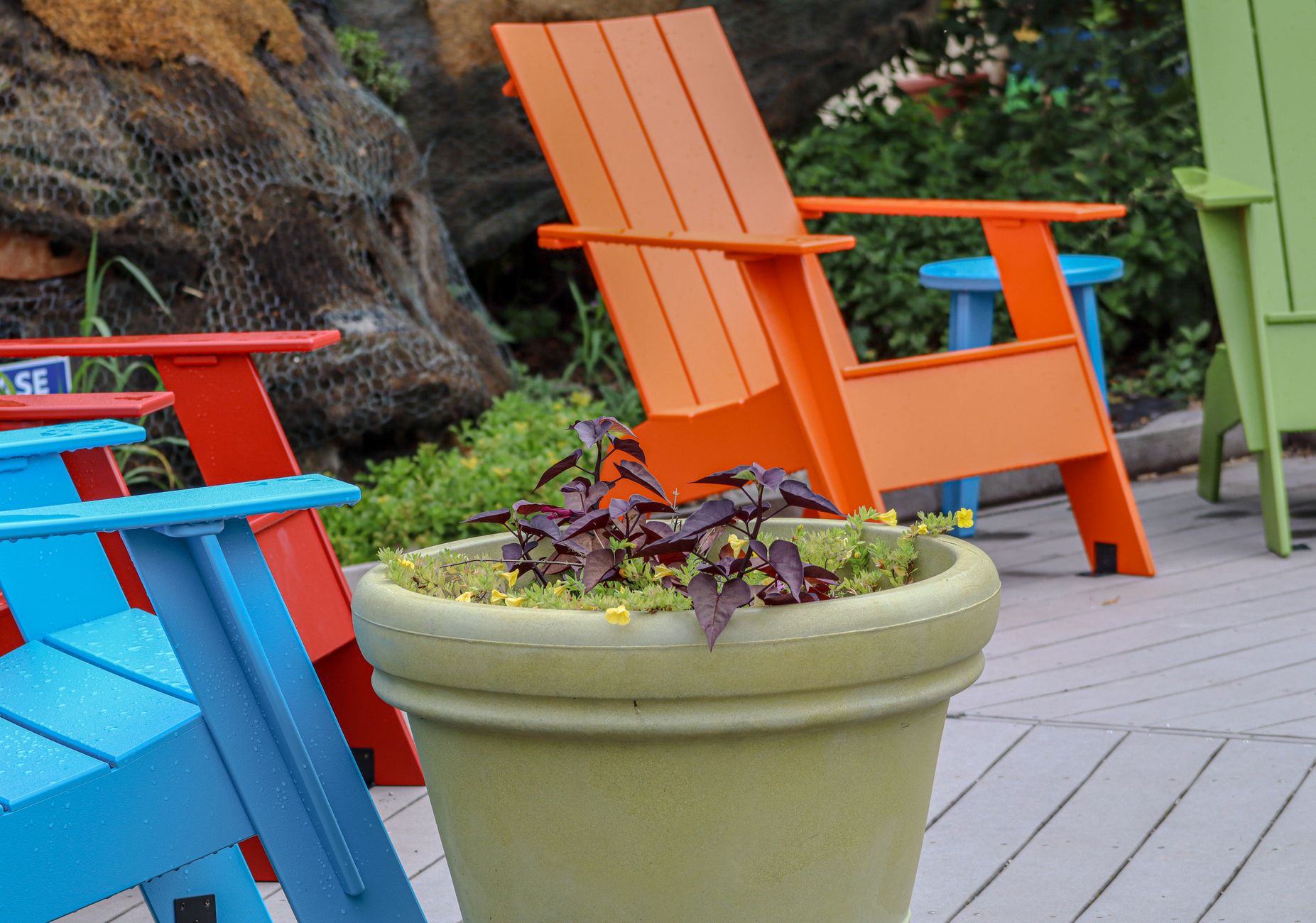 Outdoor chairs on a wooden deck