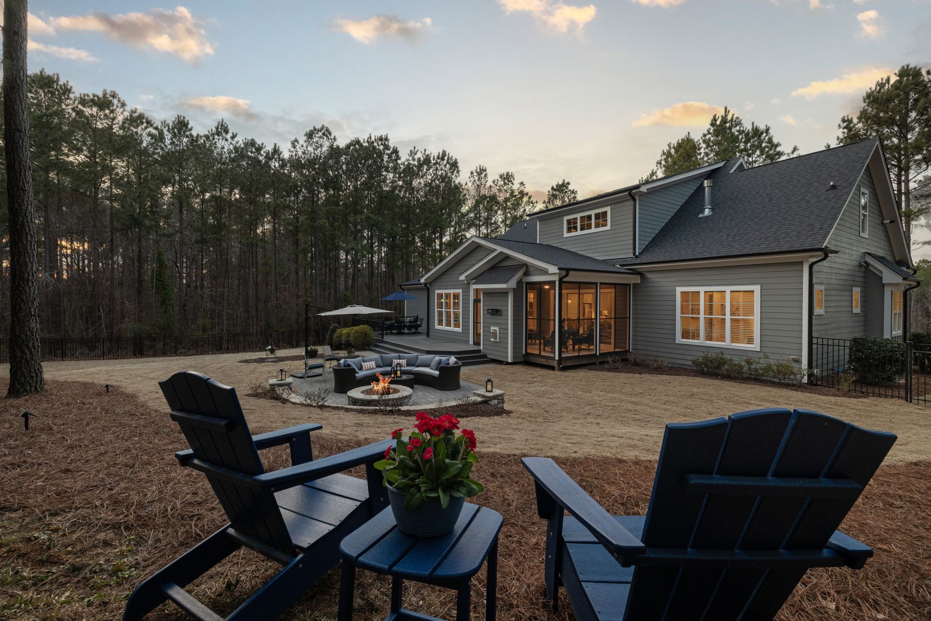 A backyard patio in the evening