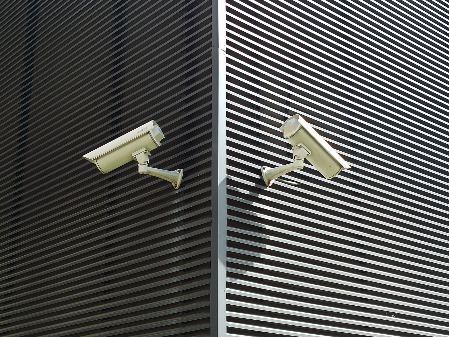 Best outdoor security camera: two cameras mounted on a slatted wall