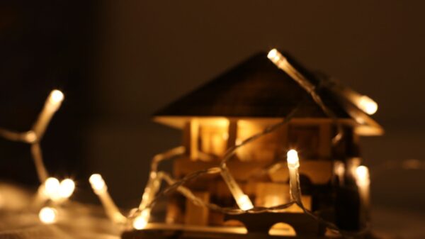 Best outdoor timer for lights: a model house wrapped in string lights