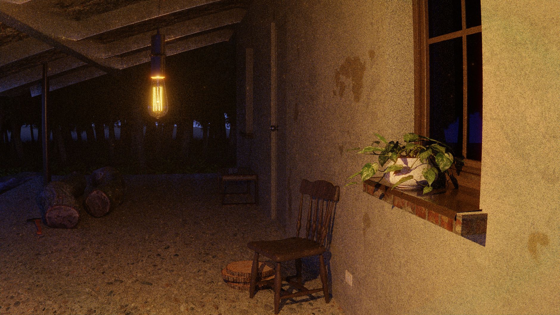 A bulb lighting a porch at night