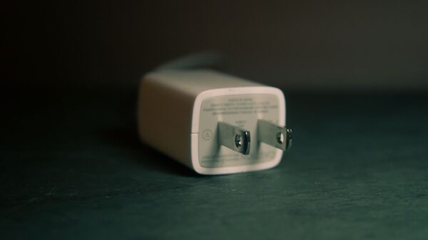 A white plug-in power adapter