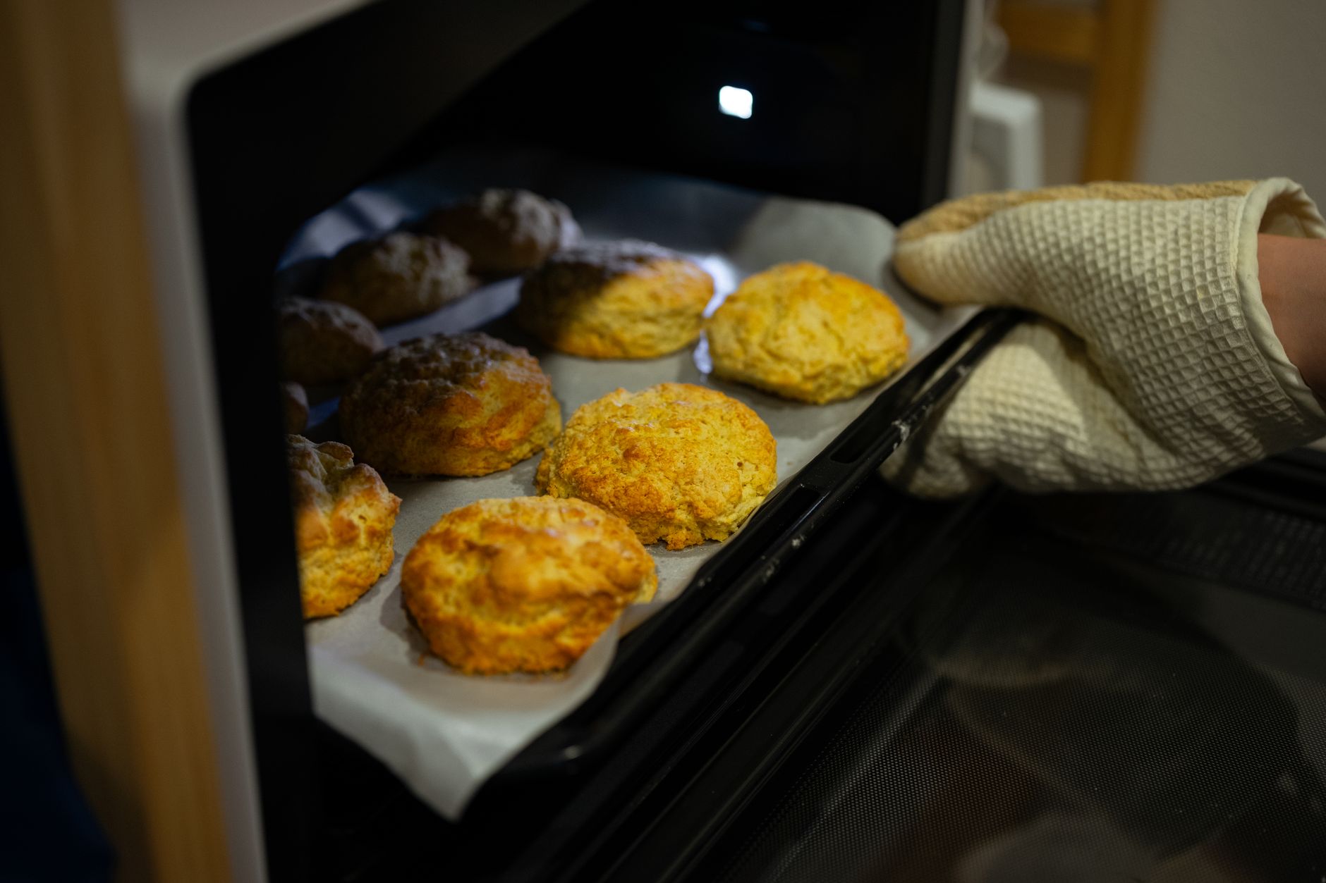 Best oven thermometer: muffins coming out of a home oven