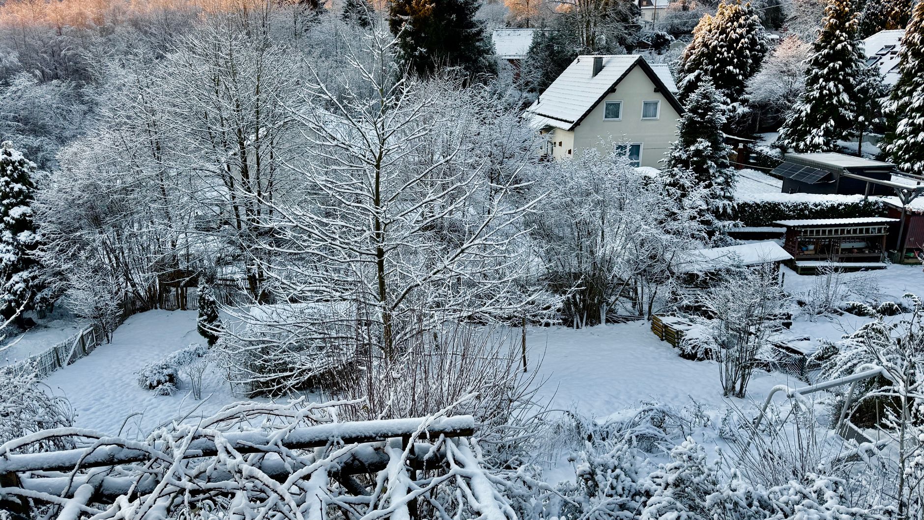 A backyard covered in winter snow