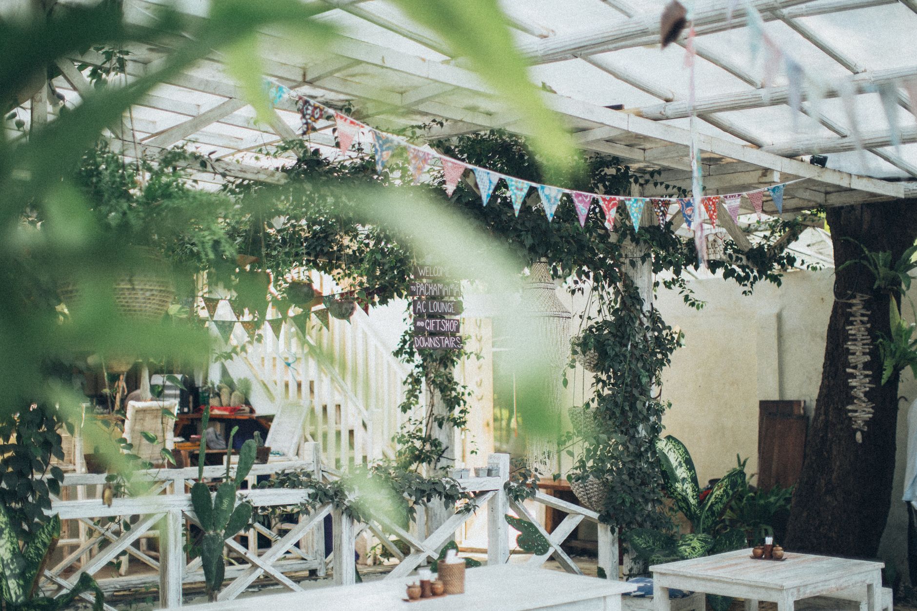 A shaded garden patio on a summer day