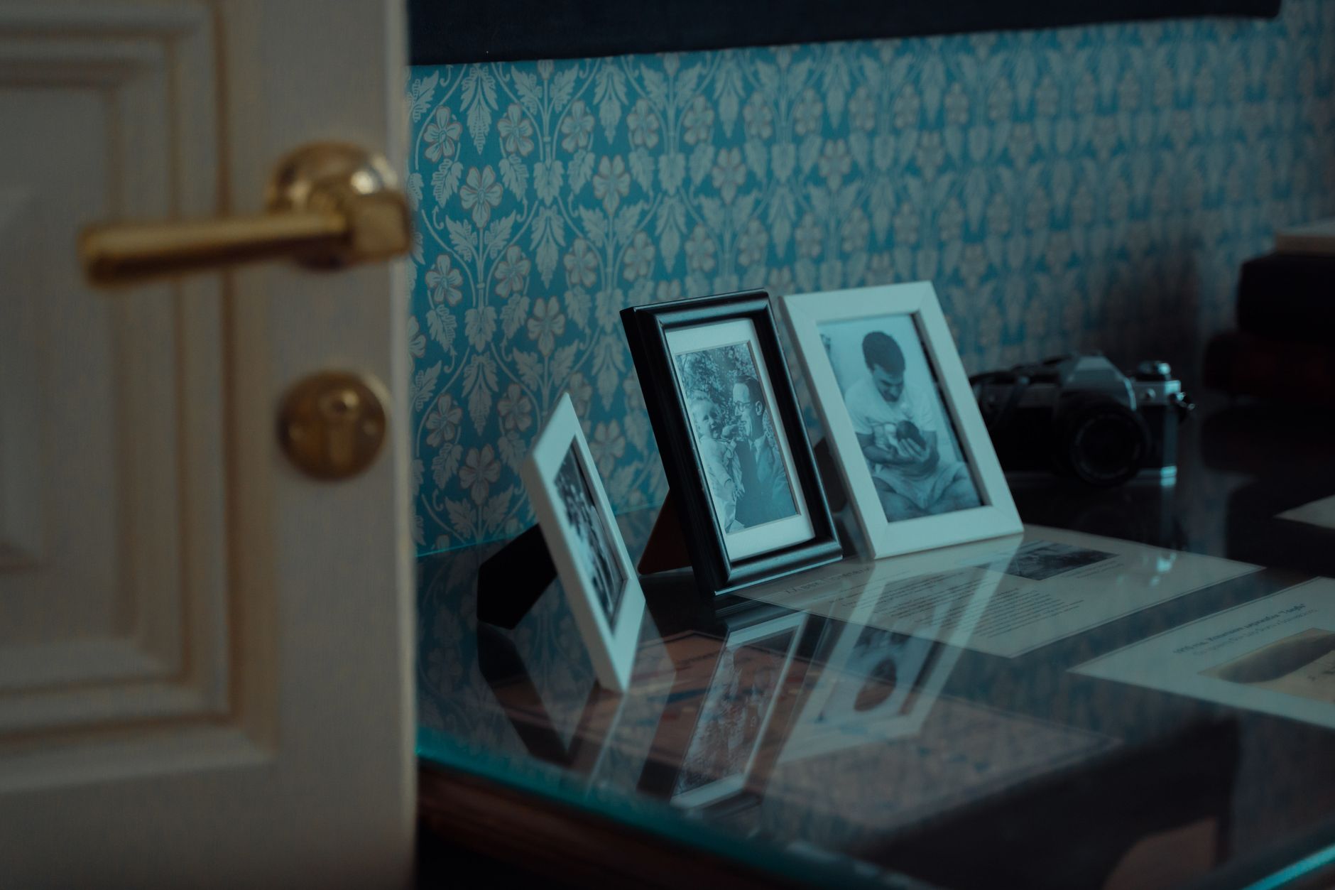 A framed photo standing on a table