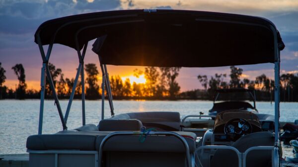 Best pontoon boat grill: a pontoon boat at sunset